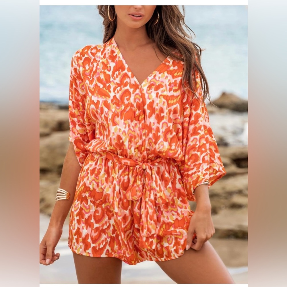 Tropical Sunset Romper Womens S Orange Pink Leopard Print Resort Vibes - Picture 6 of 11